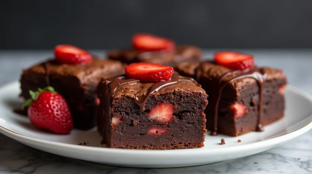Close-up of delicious strawberry brownies with fresh strawberries inside, topped with chocolate drizzle and garnished with sliced strawberries.