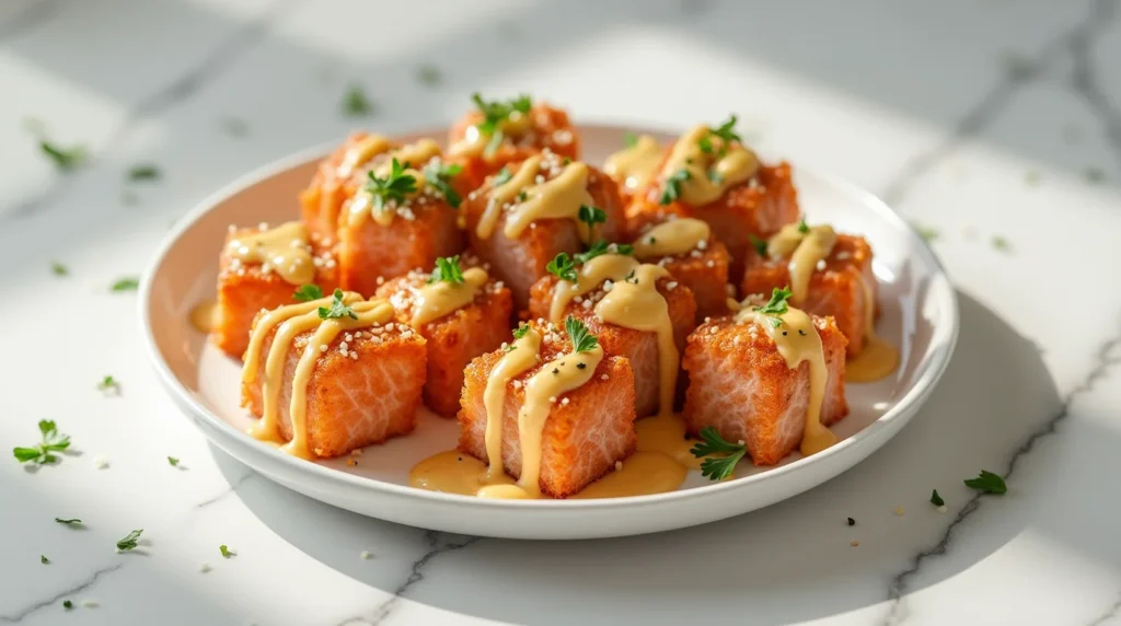 Delicious bang bang salmon bites drizzled with a creamy, spicy sauce and garnished with fresh parsley on a white plate.