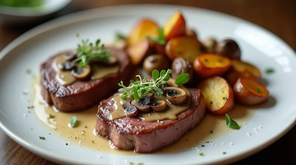 Cast iron coulotte steak served with roasted baby potatoes, mushroom sauce, and fresh herbs on a white plate.
