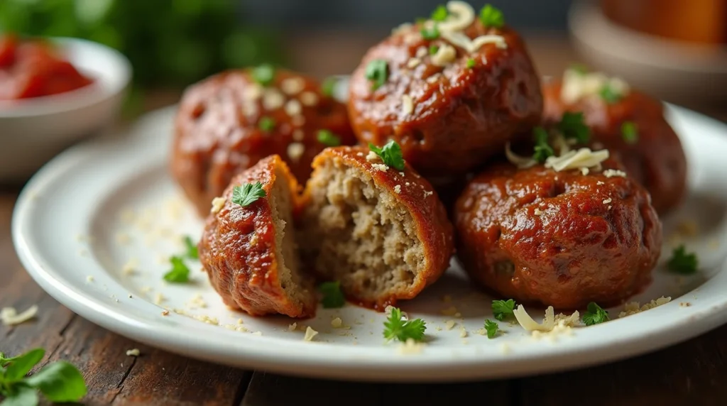 Juicy air fryer frozen meatballs garnished with herbs and cheese, served on a white plate.