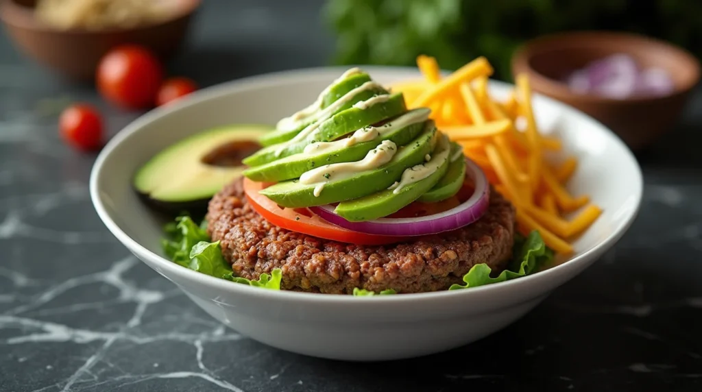 Healthy burger bowl recipe with beef patty, avocado slices, tomato, red onion, shredded cheese, and lettuce.
