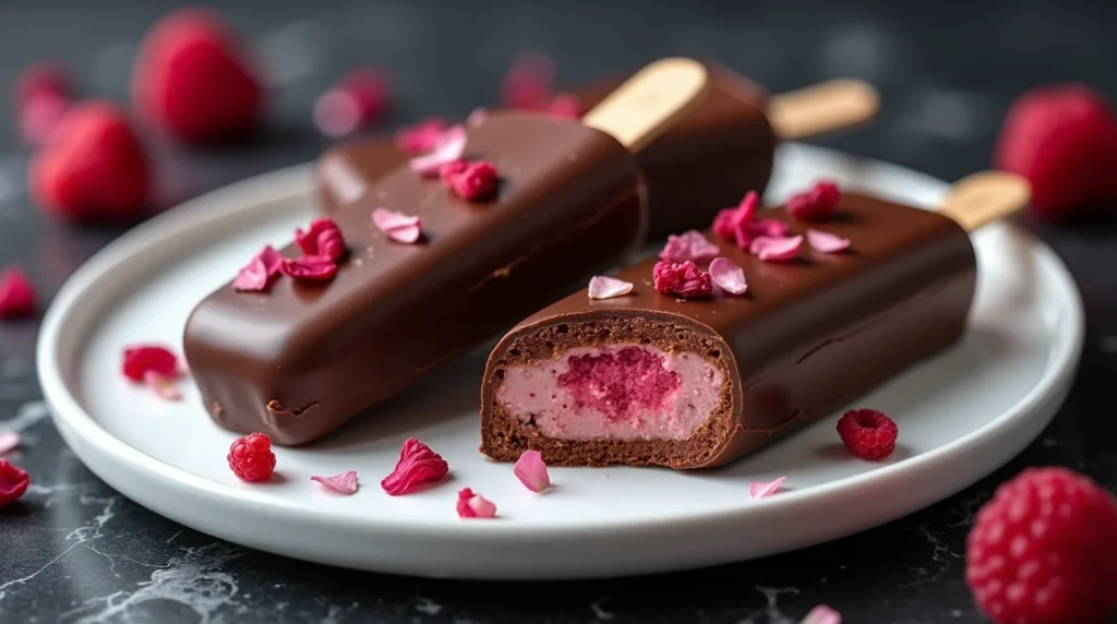 Dubai chocolate ice cream bars with raspberry filling and rose petals on a white plate.