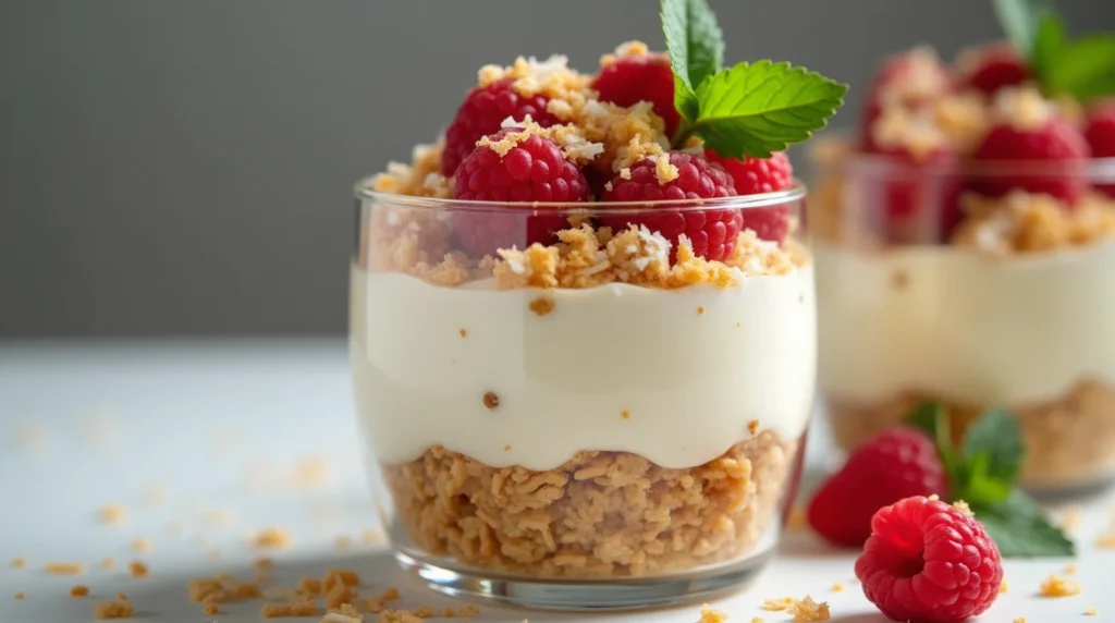 Easy coconut panna cotta recipe with crunchy crumble base, creamy coconut layer, fresh raspberries, and mint garnish in a glass.