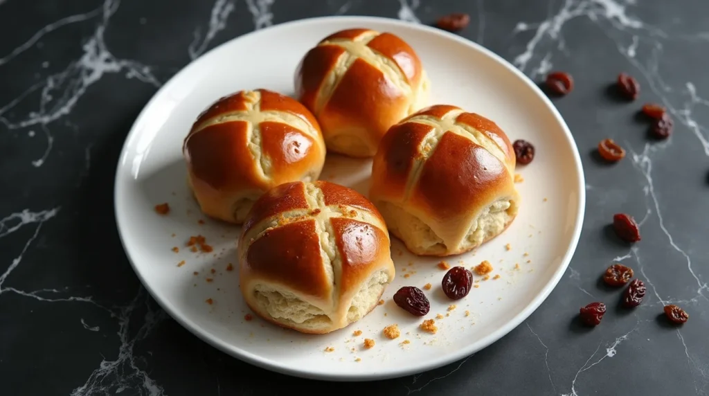 Four golden hot cross buns on a white plate, part of an easy hot cross buns recipe.