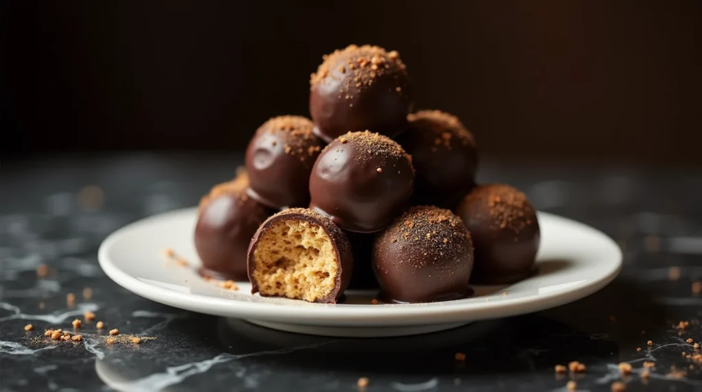 Easy No-Bake Cookie Dough Truffles infused with coffee liqueur and dusted with cocoa powder.