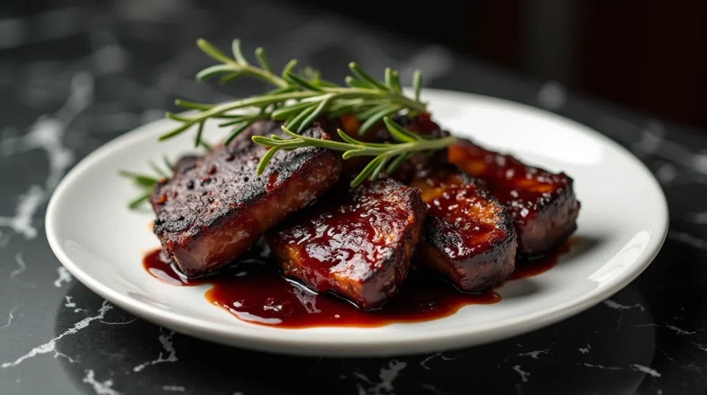 Glazed Easy Smoked Beef Short Ribs with rosemary garnish on a white plate.