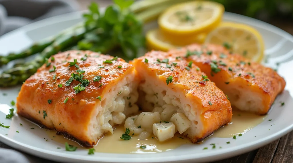 Crab stuffed salmon fillet cut open to reveal creamy crab filling, served with lemon slices and asparagus.