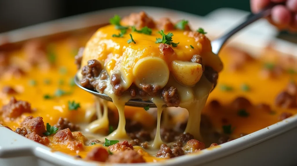 Spoonful of creamy Hamburger Potato Casserole with ground beef, melted cheese, and golden potatoes.