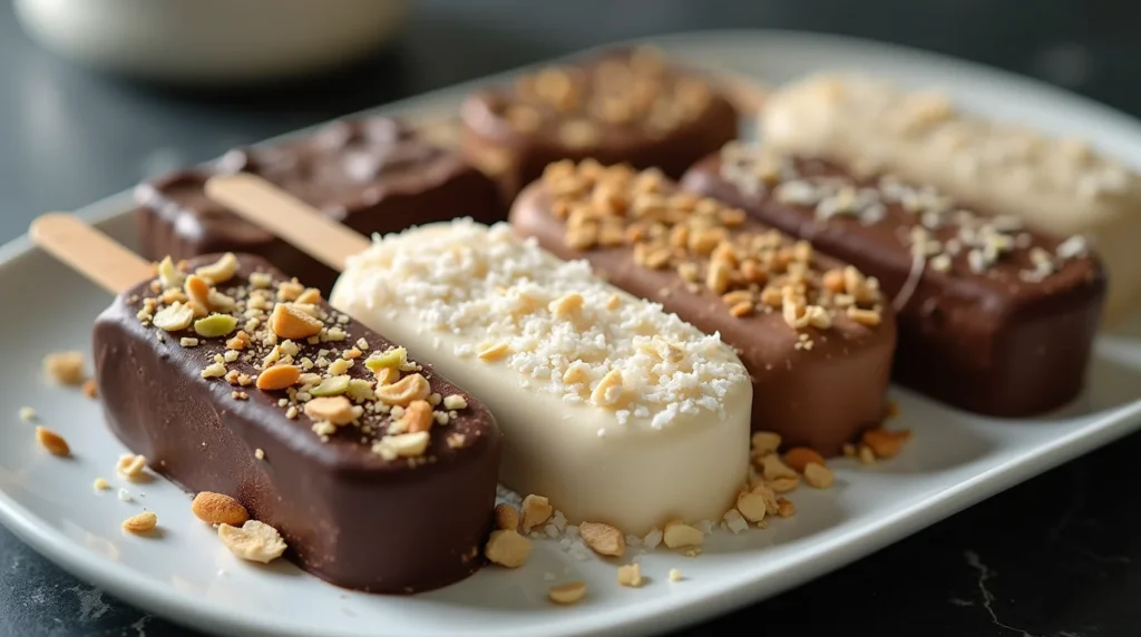 Assorted vegan homemade ice cream bars coated in chocolate and topped with crushed nuts on a white plate.
