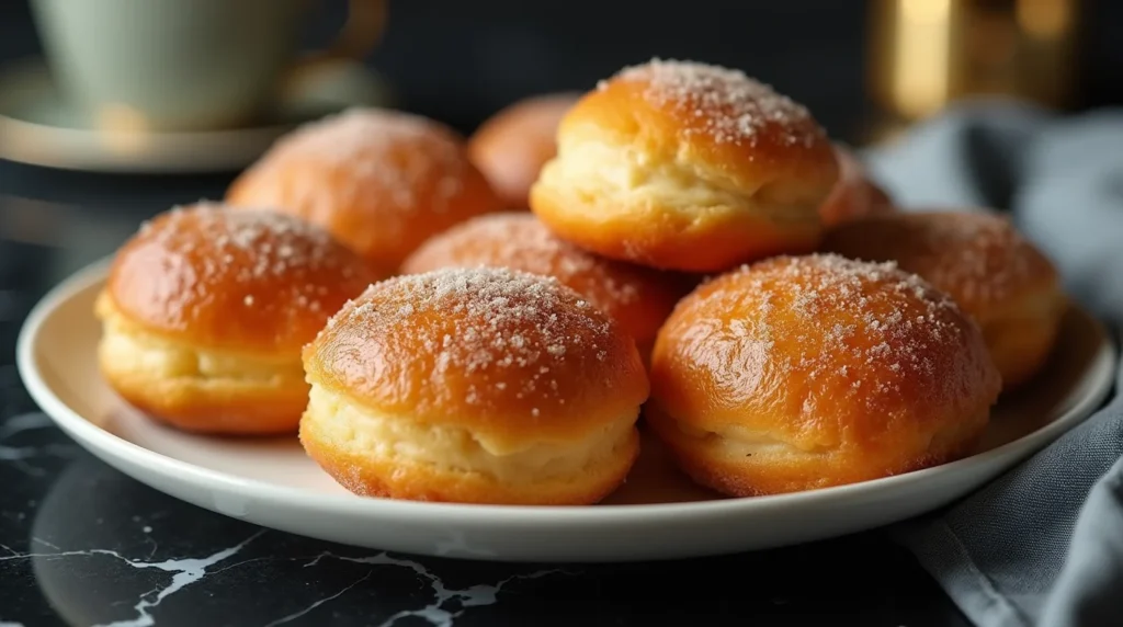 Close-up of Italian custard bomboloni filled with creamy custard and dusted with sugar.