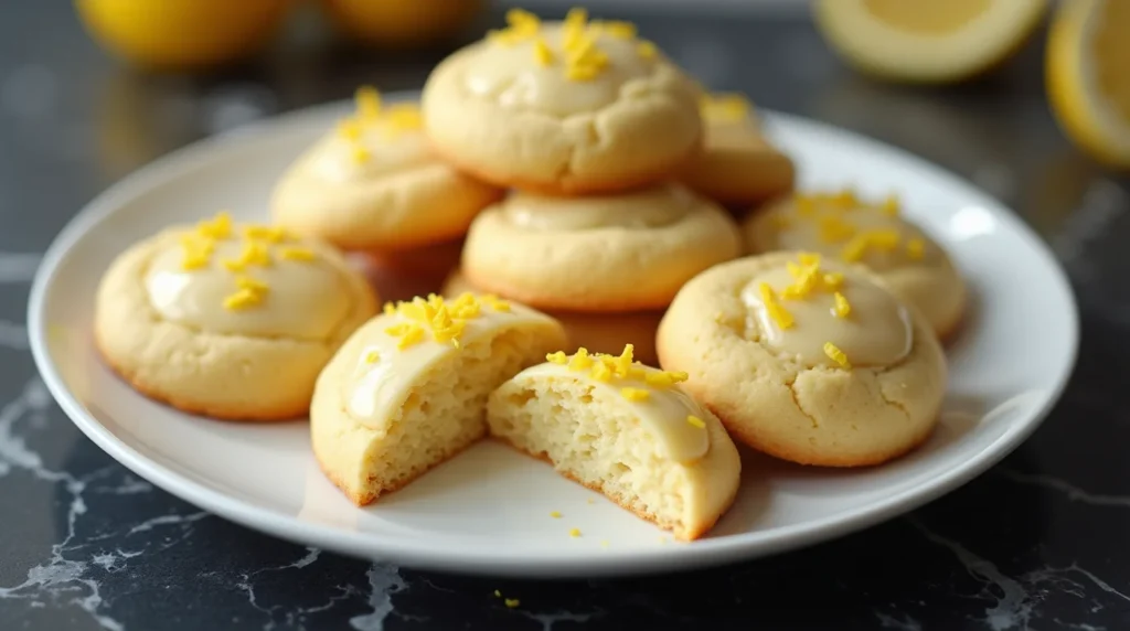 Soft lemon ricotta cookies with creamy glaze and lemon zest on a plate.