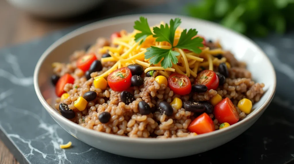 Mexican Beef and Rice Skillet topped with black beans, corn, cherry tomatoes, shredded cheese, and parsley.