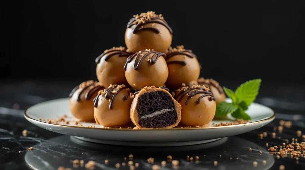Peanut butter Oreo balls stacked on a white plate, drizzled with chocolate and garnished with cookie crumbs.