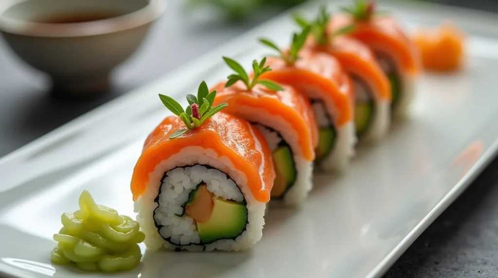 Elegant salmon avocado roll garnished with microgreens, served with wasabi on a white rectangular plate.