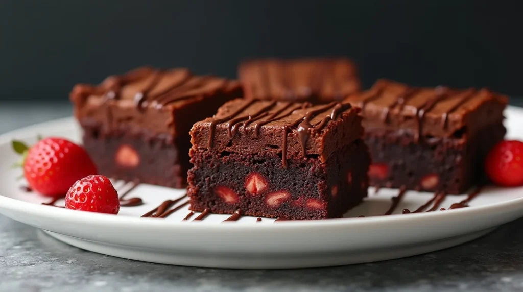 Fudgy strawberry brownies with fresh strawberry pieces inside, drizzled with chocolate, and served on a white plate with whole strawberries.