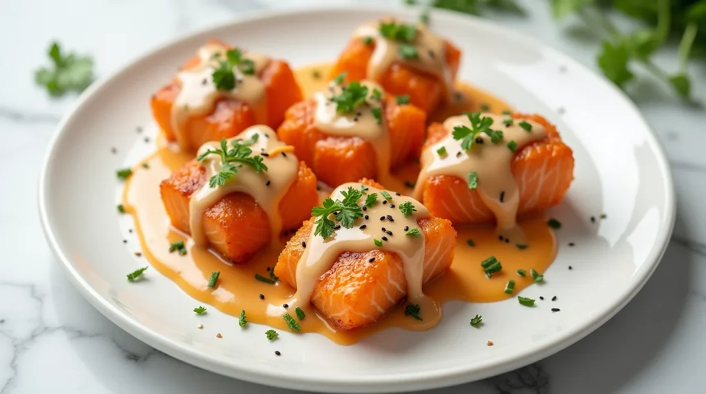 Juicy bang bang salmon bites drizzled with a creamy, spicy sauce and garnished with fresh herbs and black sesame seeds on a white plate.