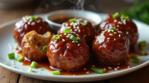Sticky glazed air fryer frozen meatballs garnished with sesame seeds and green onions, served with dipping sauce.
