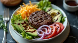 Burger bowl recipe with veggie patty, avocado, tomato, red onion, shredded cheese, and lettuce.