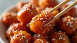 Crispy Honey Chili Chicken bite lifted with chopsticks, topped with sesame seeds.