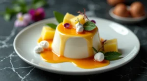 Elegant easy coconut panna cotta recipe topped with mango sauce, mango cubes, mint leaves, and edible flowers on a white plate.