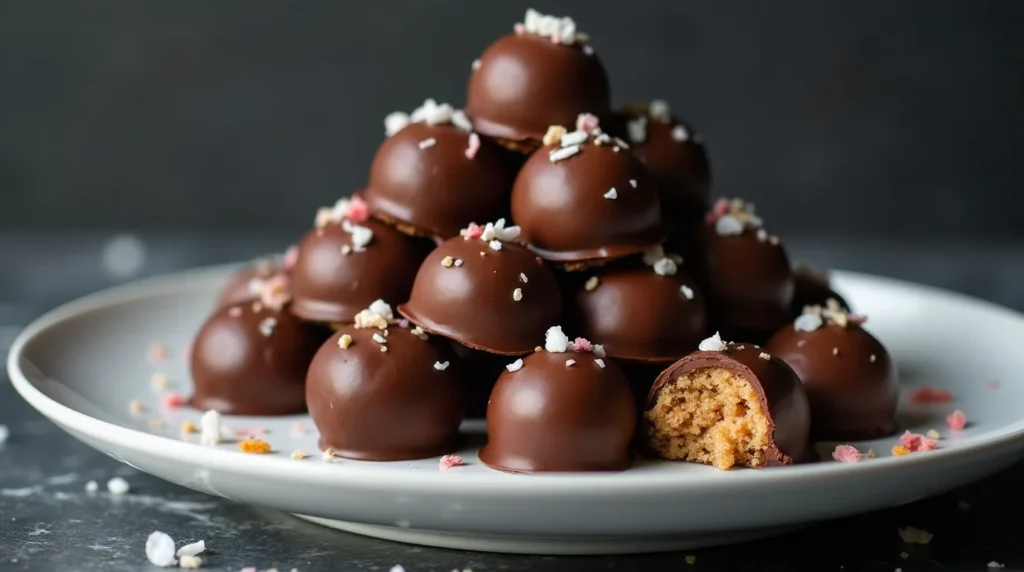 Stack of Easy No-Bake Cookie Dough Truffles covered in chocolate and sprinkled with colorful toppings.