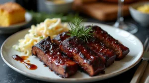 Easy Smoked Beef Short Ribs served with creamy pasta salad and rosemary garnish.