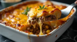 Slice of Hamburger Potato Casserole lifted from a baking dish, showing layers of beef, potatoes, and melted cheese.