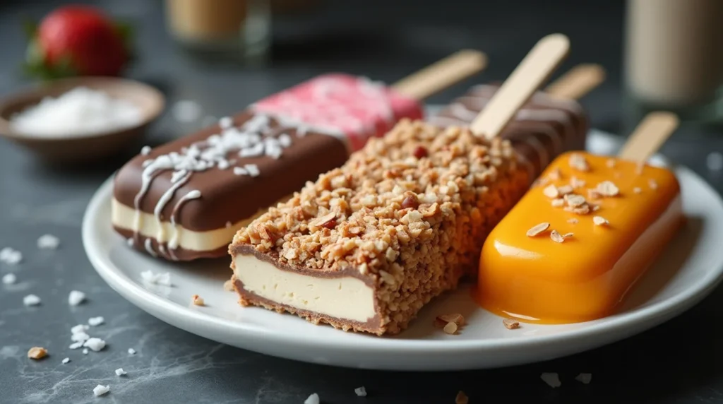 Assorted homemade ice cream bars on a white plate with toppings.