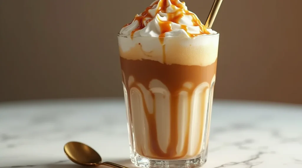 Iced caramel macchiato topped with whipped cream and caramel drizzle in a glass.