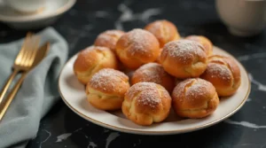 Step-by-step Italian custard bomboloni recipe showing freshly made custard-filled pastries on a plate.