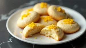 Lemon ricotta cookies with lemon glaze and zest, served on a white plate.