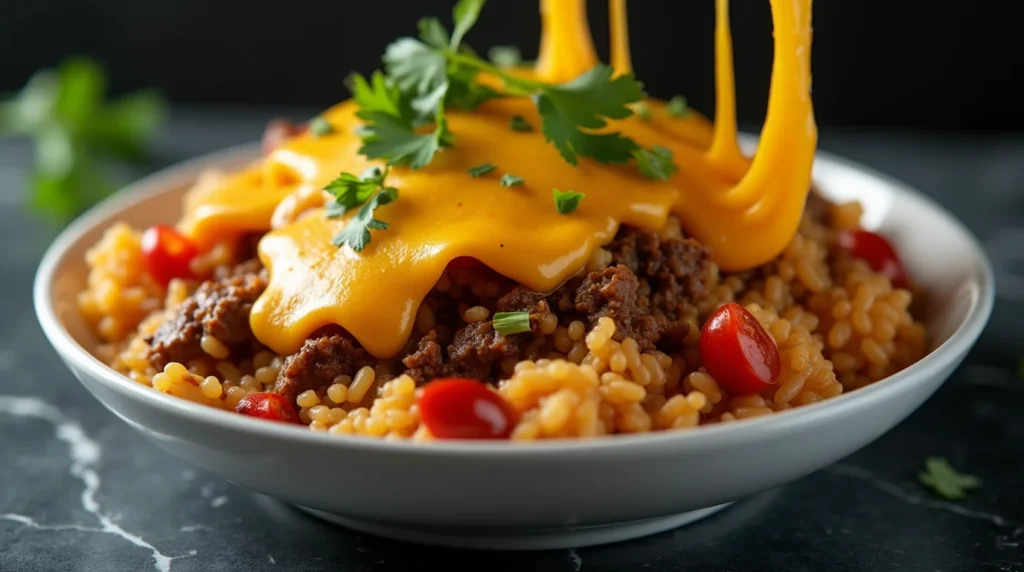 Mexican Beef and Rice Skillet topped with melted cheese sauce, seasoned beef, juicy tomatoes, and fresh herbs.