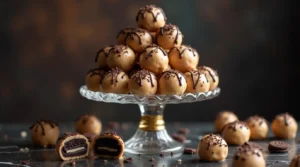 A glass stand stacked with peanut butter Oreo balls topped with chocolate drizzle and Oreo crumbs.