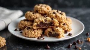 Close-up of gooey rice krispie chocolate chip cookies recipe stacked on a plate.