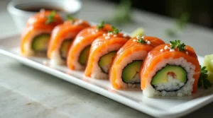Salmon avocado roll topped with sesame seeds and garnished with fresh herbs on a white serving plate.