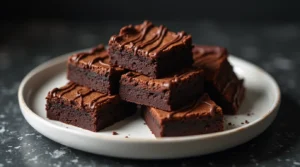 Stack of sourdough brownies drizzled with chocolate on a white plate.