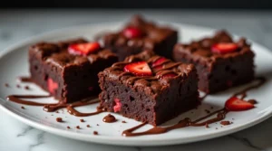 Freshly baked strawberry brownies with chocolate drizzle, topped with sliced strawberries, and served on a white plate.