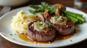 Cast iron coulotte steak served with mashed potatoes, asparagus, and mushroom gravy on a white plate.