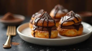 Close-up of chocolate cream puffs on a white plate, filled with rich chocolate cream, drizzled with melted chocolate, and dusted with powdered sugar. A golden fork and cocoa powder are in the background.