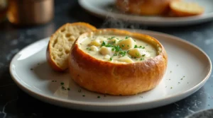 Creamy clam chowder bread bowl topped with fresh chives, served hot on a white plate.