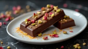 Elegant chocolate bars topped with pistachios and rose petals – dubai chocolate bar recipe.