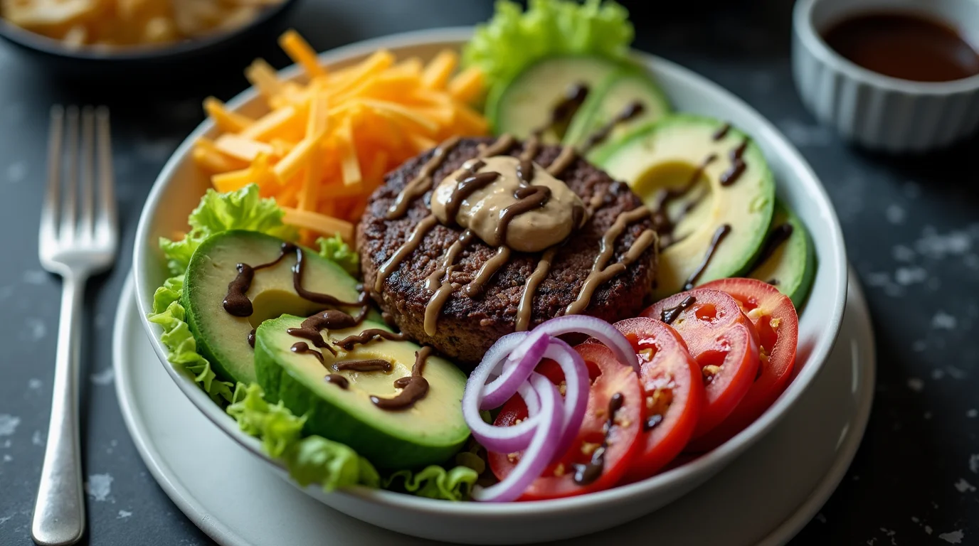 Colorful burger bowl recipe with lettuce, avocado, tomato, red onion, shredded cheese, and a grilled patty topped with sauce.