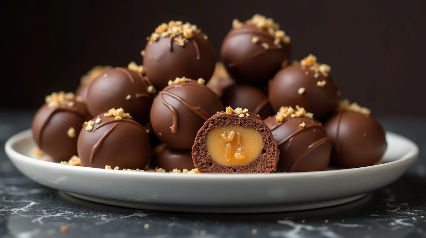 Caramel filled Nutella truffles stacked on a white plate with a rich, gooey caramel center.