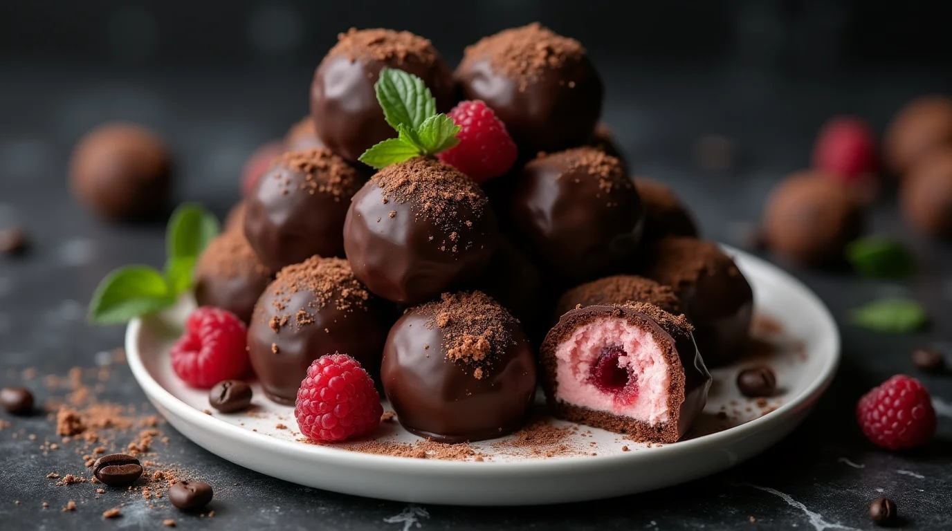 Chocolate raspberry cheesecake balls coated in rich chocolate and garnished with fresh raspberries.