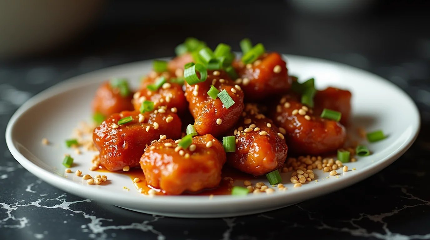 Crispy Honey Chili Chicken topped with sesame seeds and green onions on a white plate.