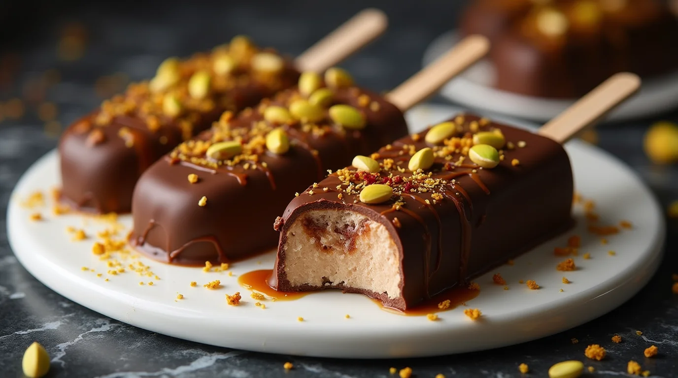 Dubai chocolate ice cream bars topped with pistachios and caramel drizzle on a marble plate.