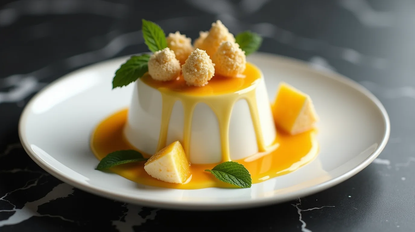 Elegant presentation of an easy coconut panna cotta recipe topped with mango sauce and garnished with mint leaves.