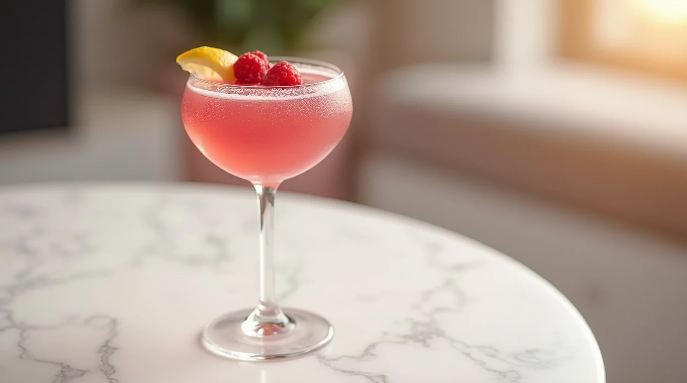 Easy French martini cocktail recipe served in a coupe glass with raspberry and lemon garnish.