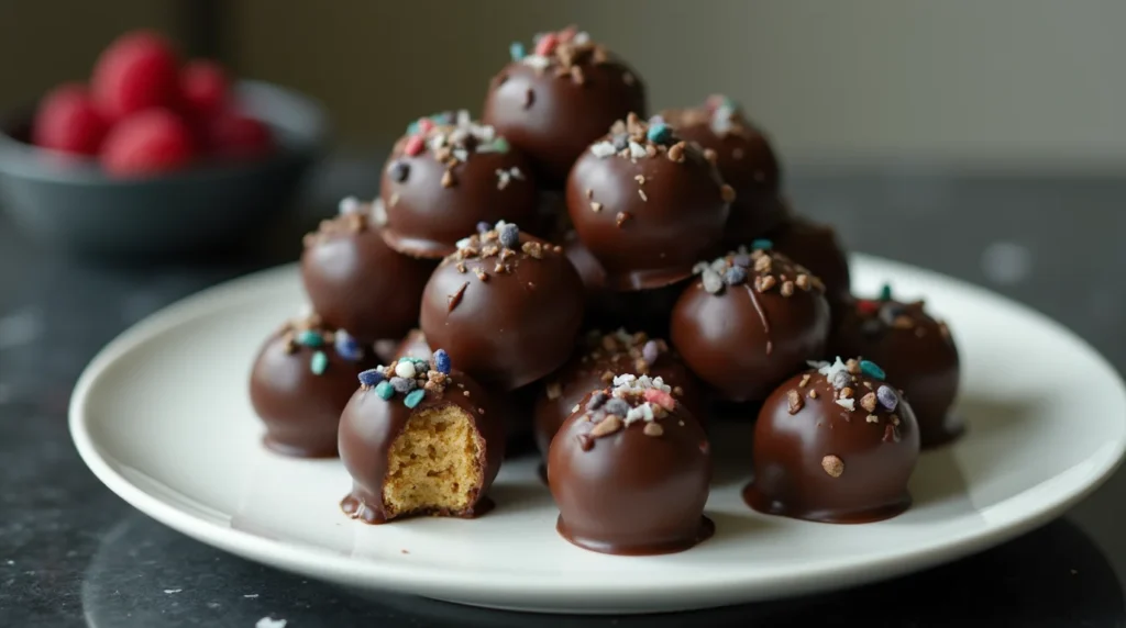 Pile of Easy No-Bake Cookie Dough Truffles coated in chocolate and sprinkled with colorful toppings.