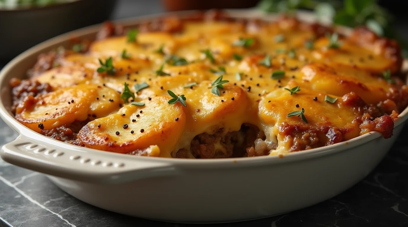 Hamburger Potato Casserole baked with layers of ground beef, cheese, and sliced potatoes in a white dish.